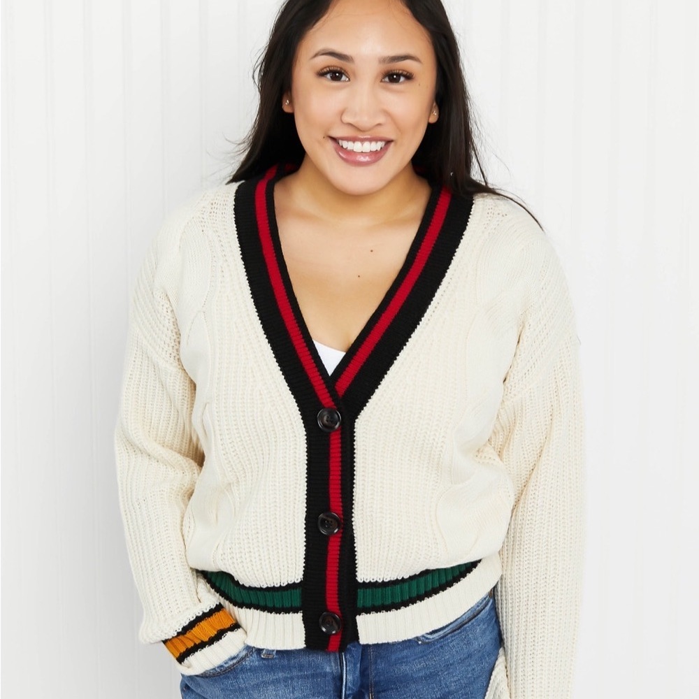 Zenana Aspen Drive Full Size Contrast Trim Cable Knit Cardigan